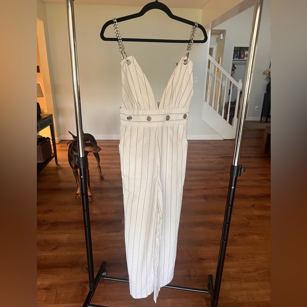 Carmar Cream Striped Chain Strap Jumpsuit